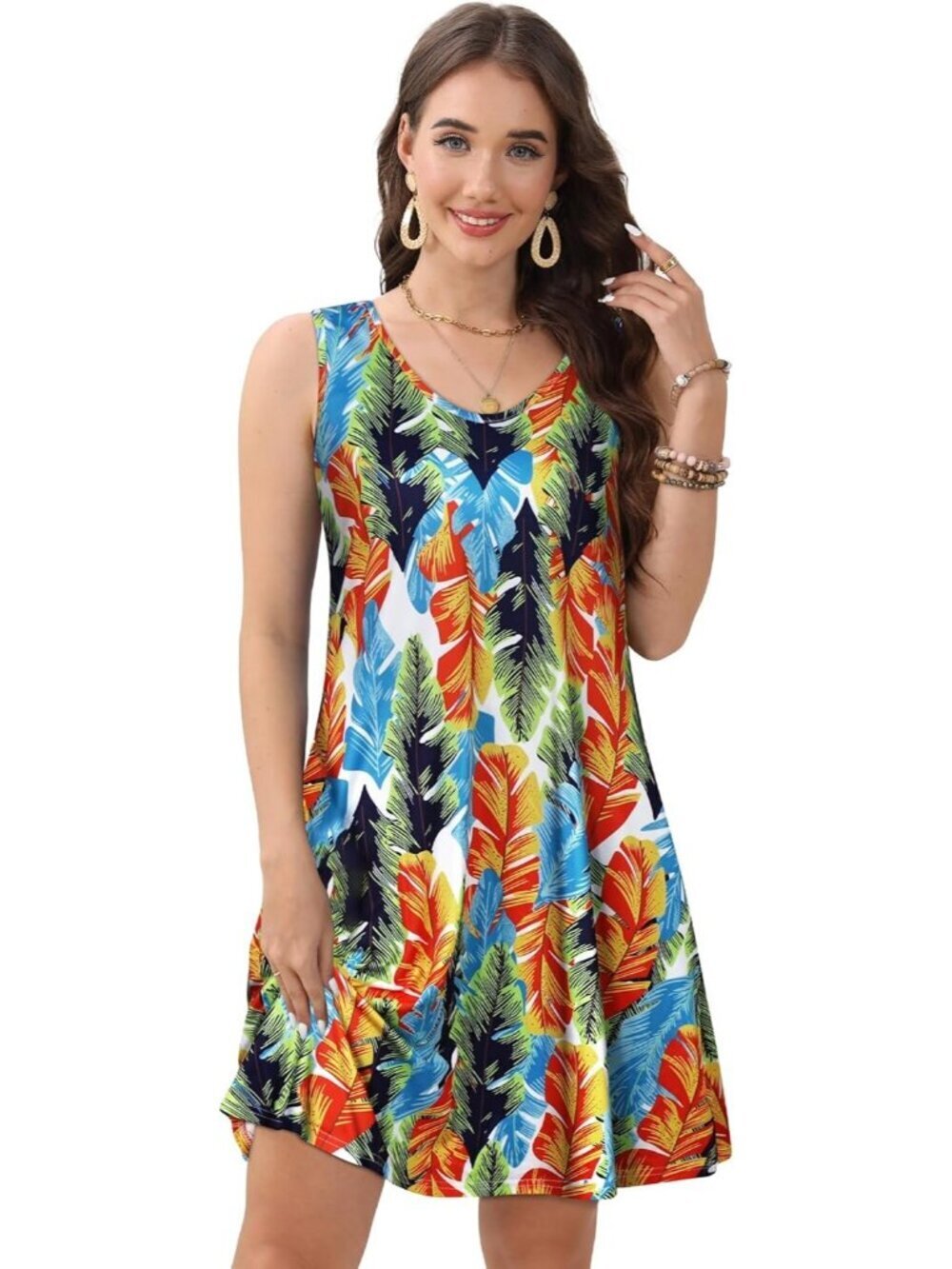 Women's Multicolor Feather Casual Sleeveless Loose Shirt V Neck Swing Mini Dress - Picture 5 of 6